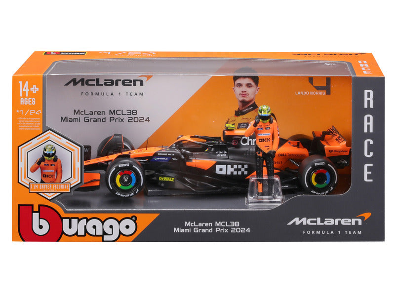 McLaren model car, bburago, Lando Norris, 1:24, #4, MCL38, with pilot