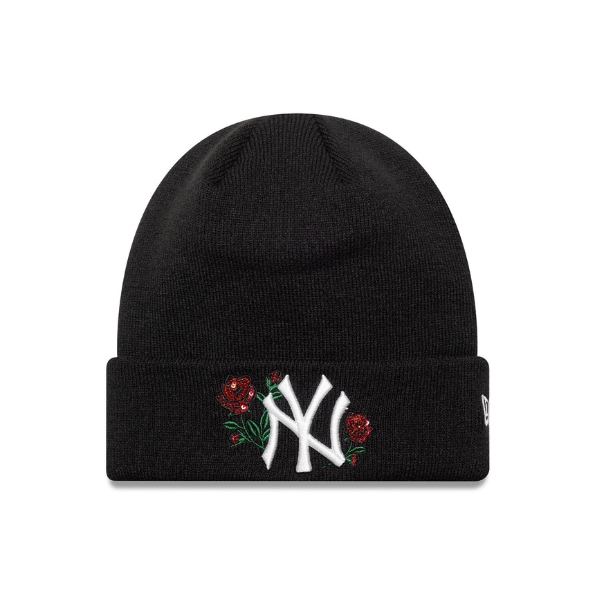 New York Yankees beanie, sequin rose, women New Era, black