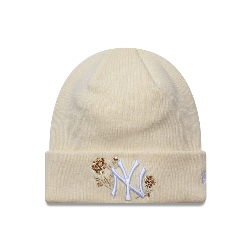 New York Yankees beanie, sequin rose, women, New Era, cream