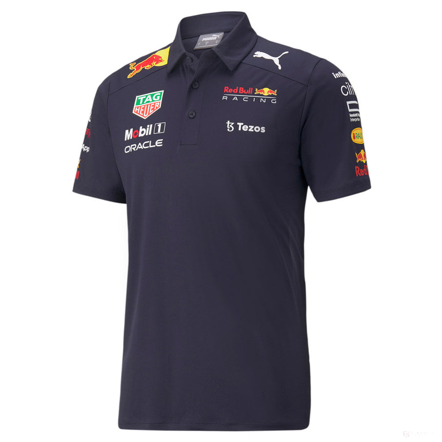Blue polo shirt front view with Puma logo and various sponsor prints