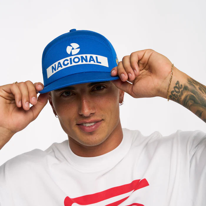 Ayrton Senna cap, Nacional, original 1984, with fabric hard case, blue