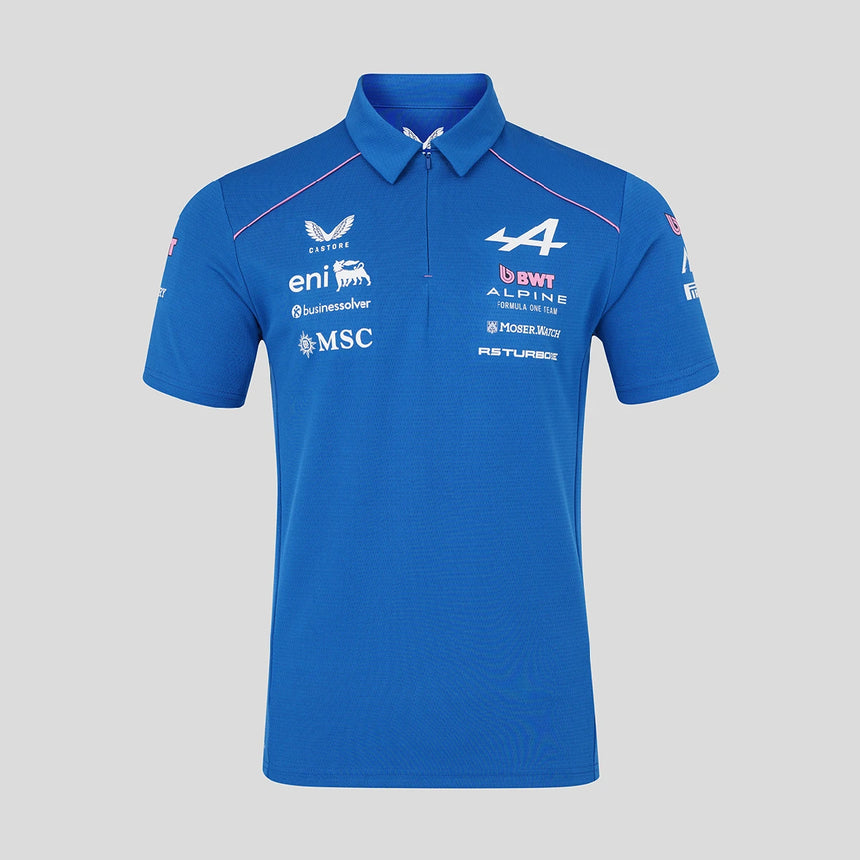 Blue crew neck t-shirt with Alpine logo on front