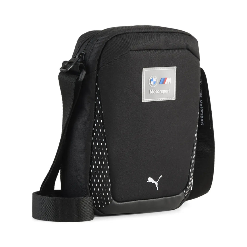 Black shoulder bag with BMW Motorsport logo, Puma brand.