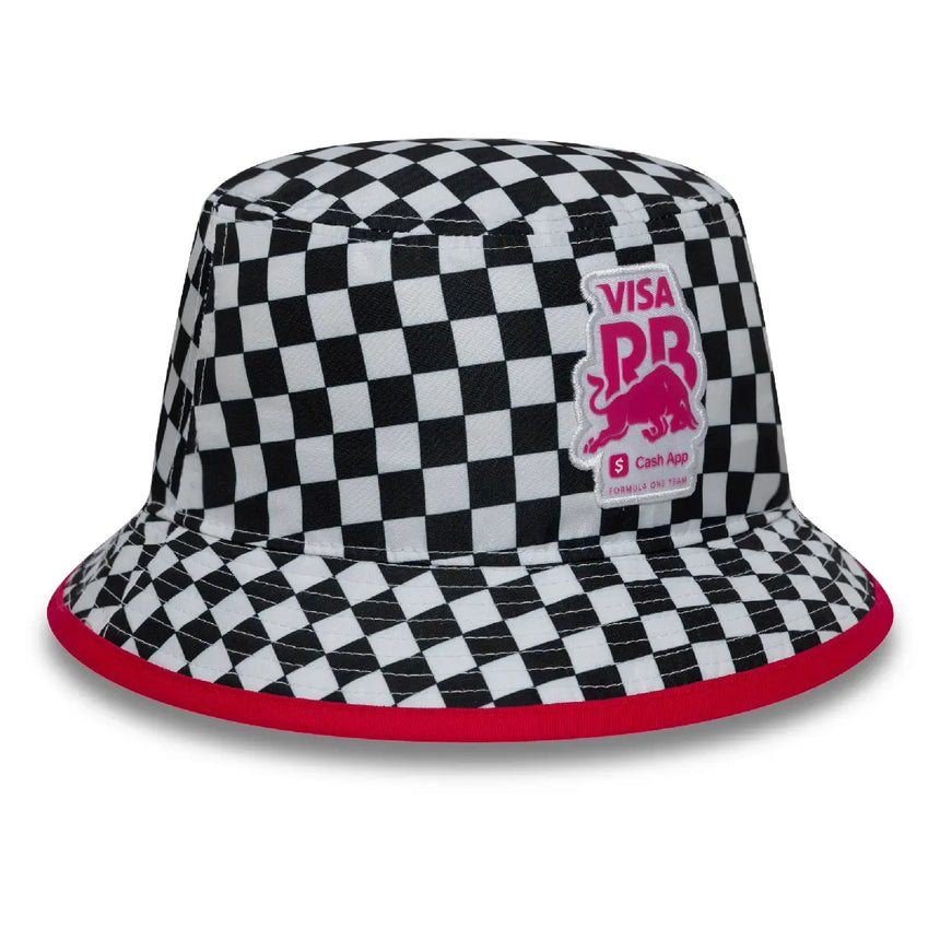 Checked hat with black and white pattern.