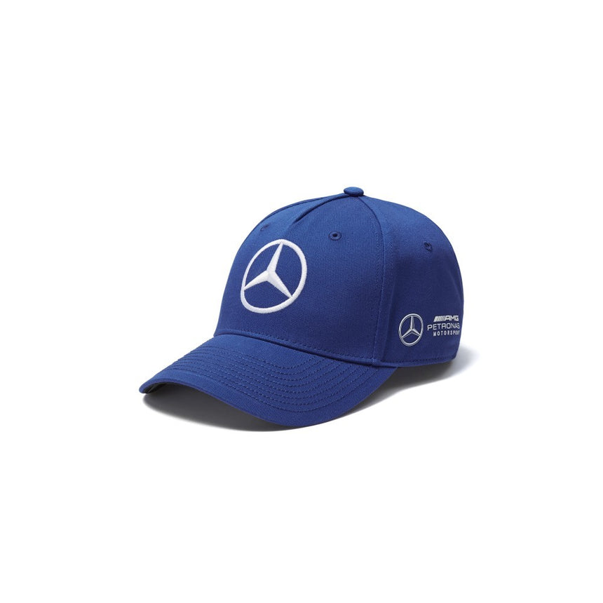 Blue baseball cap with white Mercedes emblem