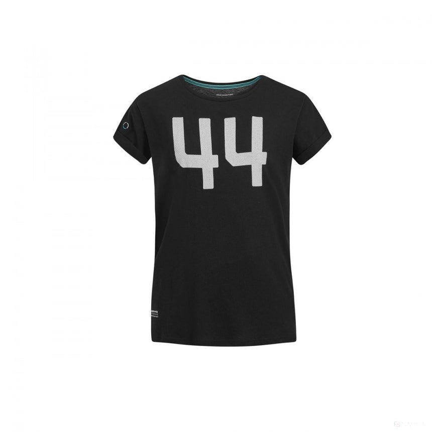 Black t-shirt with large white number 44 and turquoise neck trim
