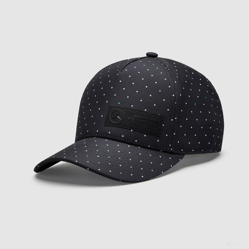 Black cap with polka dot pattern and Mercedes logo on front