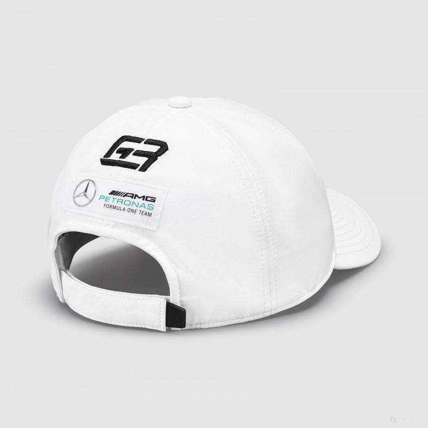 White baseball cap with George Russell GR logo and Mercedes logo