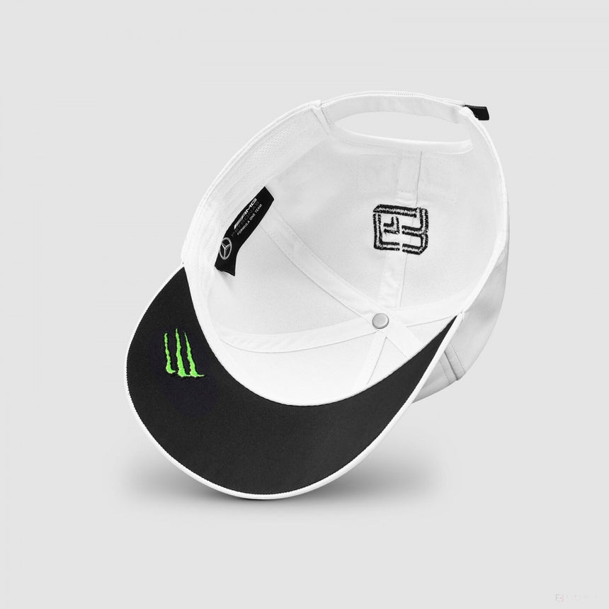 White baseball cap with black brim and George Russell logo