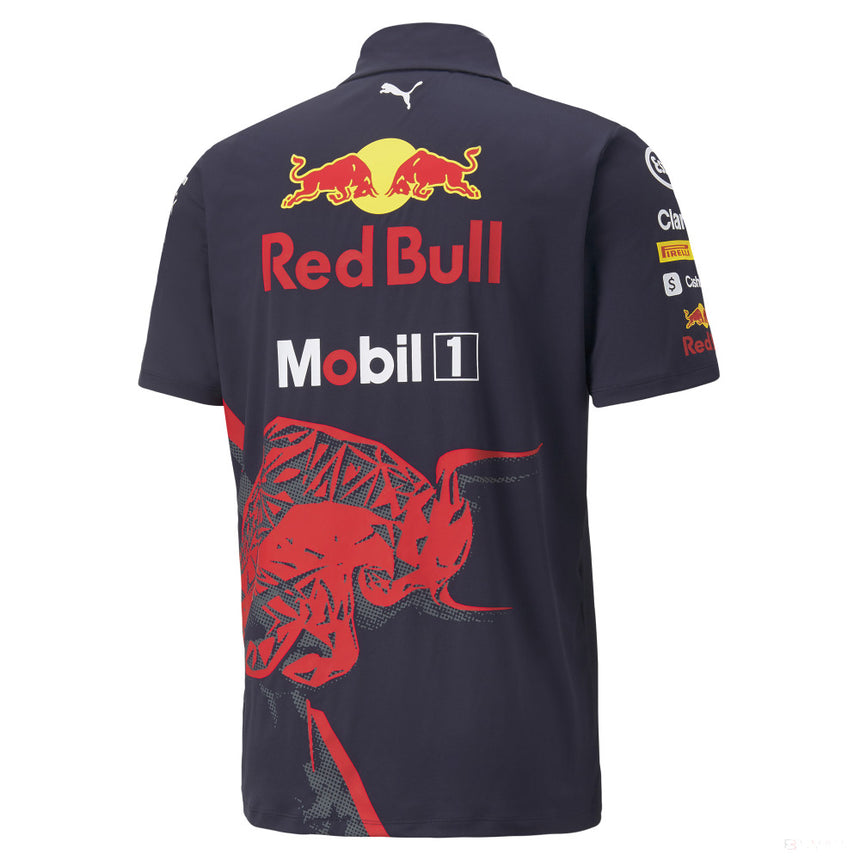 Blue polo shirt back view with large Red Bull text and red bull graphic