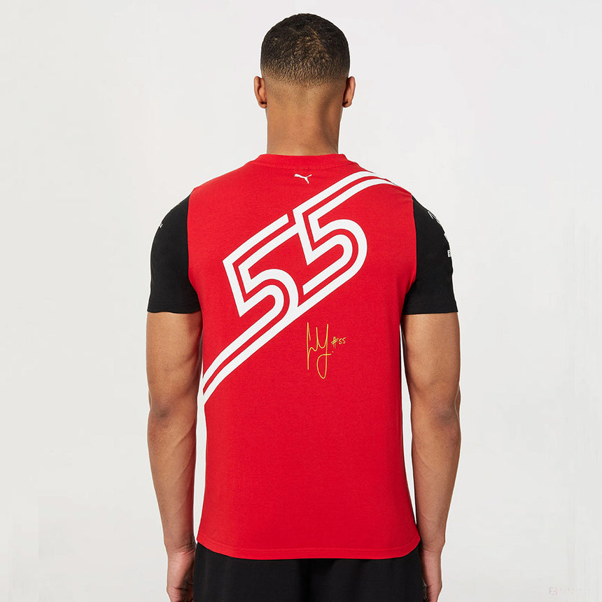 Male model back view wearing red polo with large white number 55