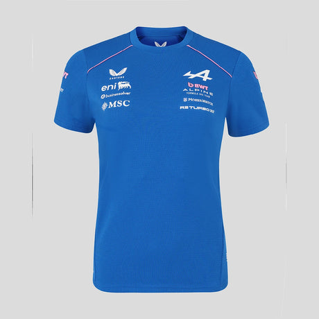Blue crew neck t-shirt with Alpine logo on front.