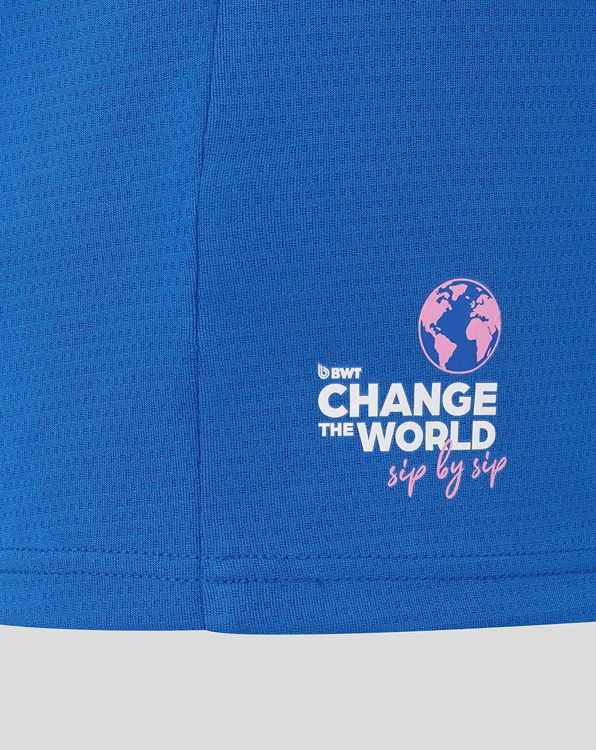 Blue T-shirt with BWT lettering on the pattern