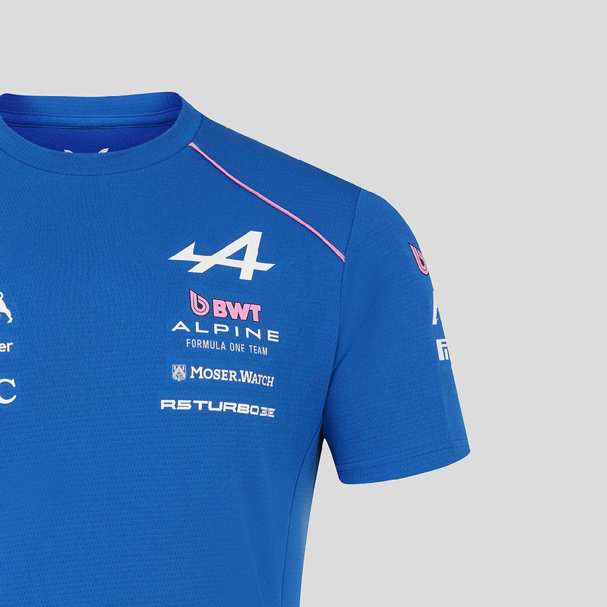 Blue Alpine t-shirt front view from another angle