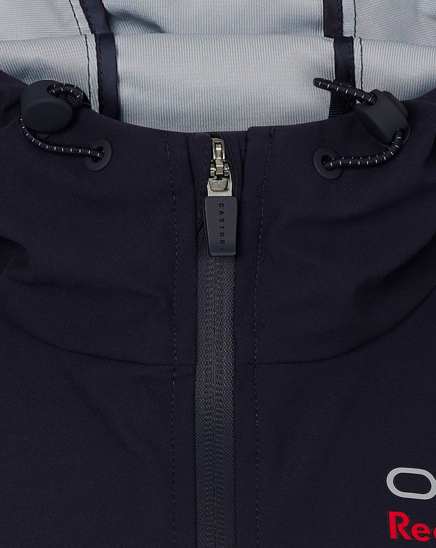 Blue jacket hood and zipper detail