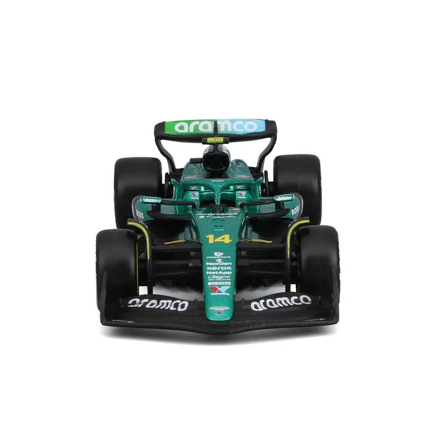 Aston Martin AMR25 model car front view, #14 Fernando Alonso.