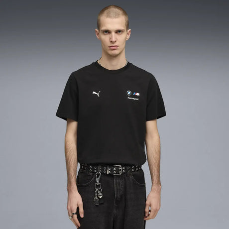 Black T-shirt worn with BMW MMS logo front.