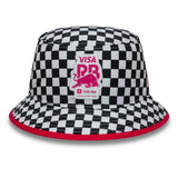 Checked hat with black and white pattern.