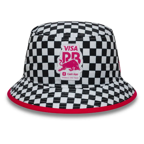 Checked hat with black and white pattern.