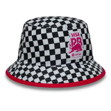 Checked hat with black and white pattern.