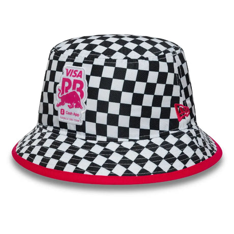 Checked hat with black and white pattern.